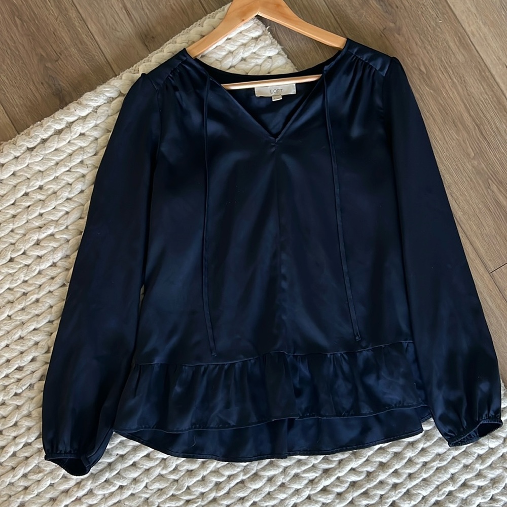 Loft Split Neck Satin Navy Blouse Size Small